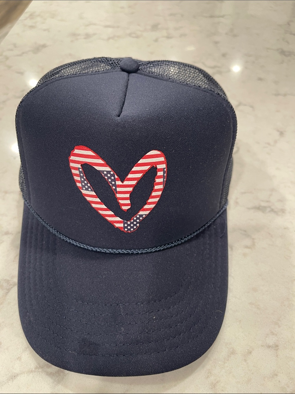 House of Shan Navy Women's Trucker Hat with Patriotic Heart Accent